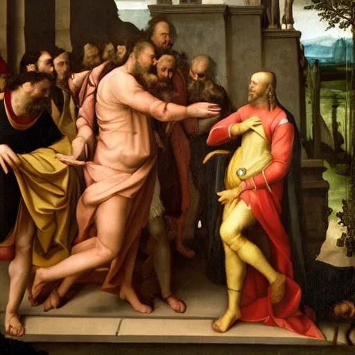 Image similar to renaissance painting of a man meeting satan