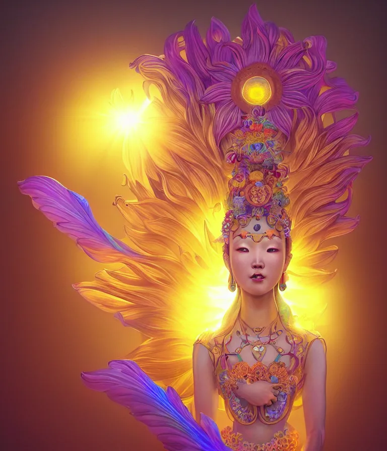 Image similar to iridescent portrait of the sunflower goddess, a Chinese deity that is guided by the sun and brings happiness and light onto the world. hard surface modelling. bio luminescent, halo around the head. neon lighting. artwork by jarold Sng by artgerm, by Eddie Mendoza, by Peter Mohrbacher by Tooth Wu, unreal engine, octane render, cinematic light, high details, iridescent colours, dichroic, macro, 4l