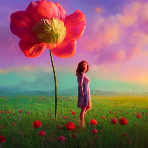 Image similar to giant rose flower head, full body girl standing in a flower field, surreal photography, sunrise, dramatic light, impressionist painting, colorful clouds, digital painting, artstation, simon stalenhag