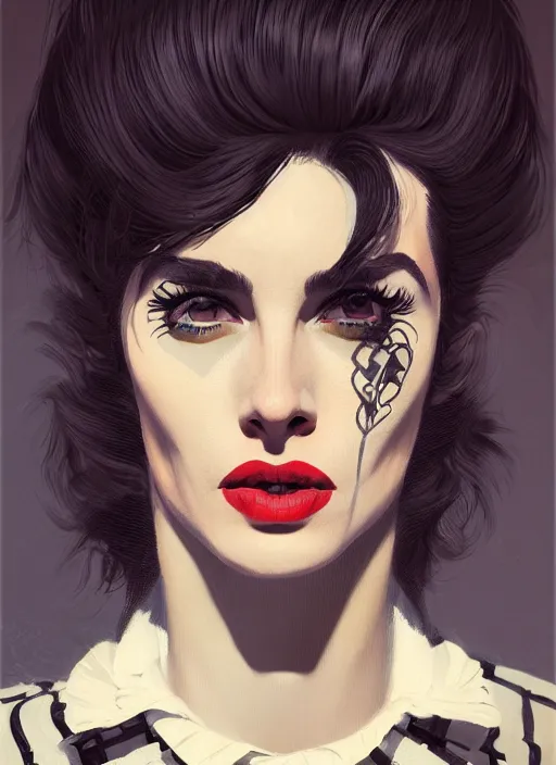 Prompt: portrait of a woman with a crooked nose and a confident expression, 1 9 6 0 s, punk rock clothes, punk, rockabilly hair, funky, intricate, elegant, highly detailed, digital painting, artstation, concept art, smooth, sharp focus, illustration, art by wlop, mars ravelo and greg rutkowski