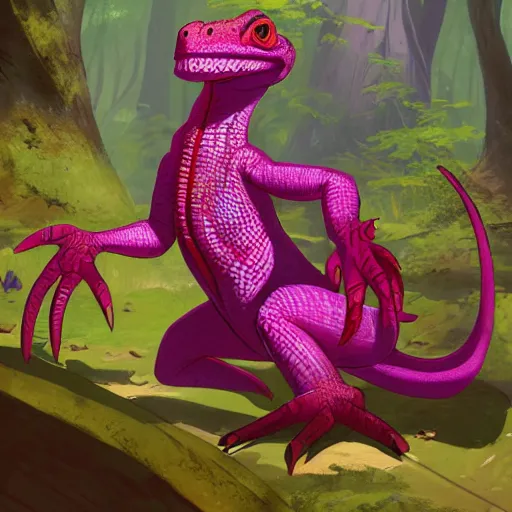 Image similar to concept art painting of an anthropomorphic lizard wearing magenta wizard robes, in the deep forest, realistic, detailed, cel shaded, in the style of makoto shinkai and greg rutkowski and james gurney