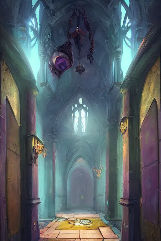 Prompt: a matte painting gothic hallway colorful by, tyler edlin