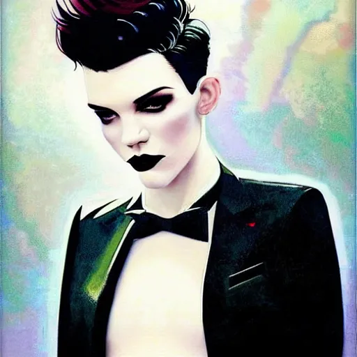 Image similar to stunning portrait of androgynous ruby rose as desire from sandman in a white tuxedo!!!, rockabilly style,, by alphonse mucha, by jeremy mann, by peter lindbergh, dave mckean, by mikko lagerstedt, by frank moth, white suit and black tie, soft lightning, high detailed, 8 k