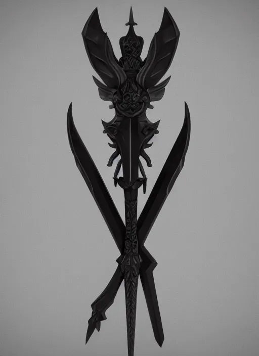 Image similar to a black long sword skull crest, orthographic, ornament, weapon, a 3 d render by dom qwek, front side full, trending on polycount, artstation, hard surface modeling, rendered in maya, 3 ds max, blender, hd, vray, berserk first person view, symmetry