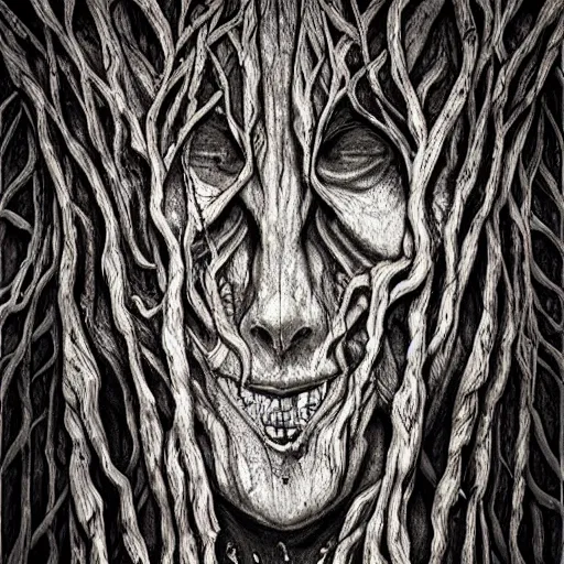 Image similar to “trees with faces twisted in pain, horror, dark, concept art, high quality, hyper-detailed, intricate”