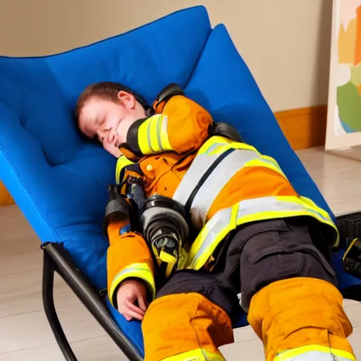 Image similar to small firefighter sleeping on a blue reclining chair