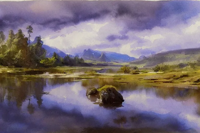 Prompt: watercolor painting of small river, pond, reflections, tall mountains and warm clouds, mythological art by hans gude, romance art by hans dahl, by jesper ejsing, art by anders zorn, wonderful masterpiece by greg rutkowski, cinematic light, american romanticism by greg manchess, creation by tyler edlin