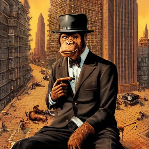 Image similar to Portrait of a film noir anthropomorphic chimp detective wearing a suit and smoking a cigar, in the background are buildings and restaurants, intricate, elegant, highly detailed, smooth, sharp focus, detailed face, high contrast, dramatic lighting, graphic novel, art by Ardian Syaf and Pepe Larraz,