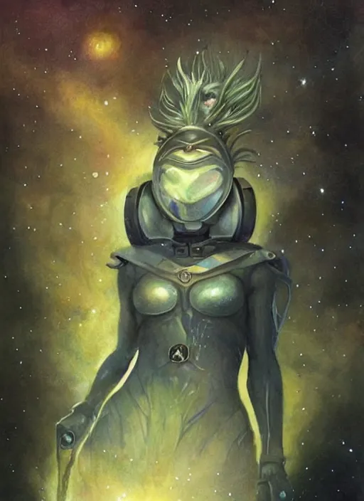 Image similar to portrait of female space ranger, night sky background, beautiful! coherent! by brom, by brian froud, deep color, strong line, high contrast