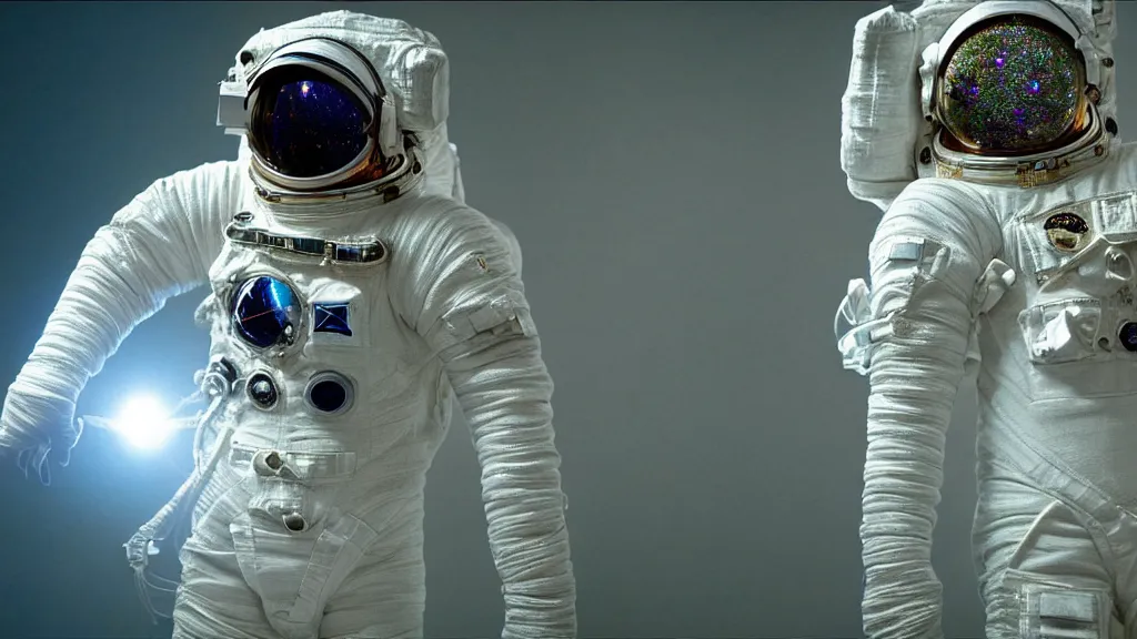 Image similar to a single astronaut eva suit made of diamond 3d fractal lace iridescent bubble 3d skin and covered with insectoid compound eye camera lenses floats through the living room, film still from the movie directed by Denis Villeneuve with art direction by Salvador Dalí, wide lens,