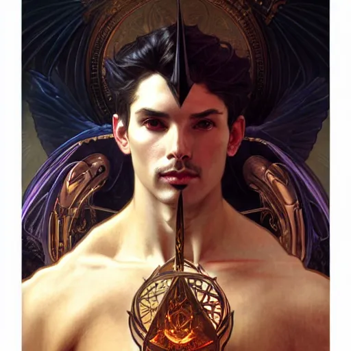 Prompt: attractive male deity, casting dark magic, summoning handsome lucifer morningstar, highly detailed painting by artgerm and greg rutkowski and alphonse mucha