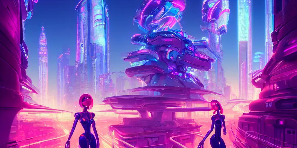 Image similar to hyper detailed ultra sharp of a beautiful woman robot boss, futuristic city with neon lights in the background, sky sended by god. behance hd by jesper ejsing, by rhads, makoto shinkai and lois van baarle, ilya kuvshinov, rossdraws radiating a glowing aura global illumination ray tracing hdr, 8 k