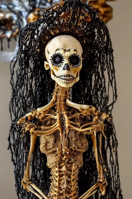 Image similar to a cinematic view of a ornated intricate princess skelleton statue made by hedi xandt, realistic, macabre art, stained wrapped skin, using gold ornaments of insect parts detailed image