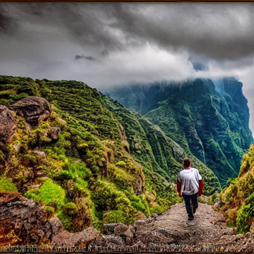 Image similar to king kong walking over madeira island, trampled, cinematic shot, realistic, hdr, color, wide shot, gigantic