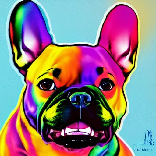 Image similar to rainbow excited smiling french bulldog. pop art.