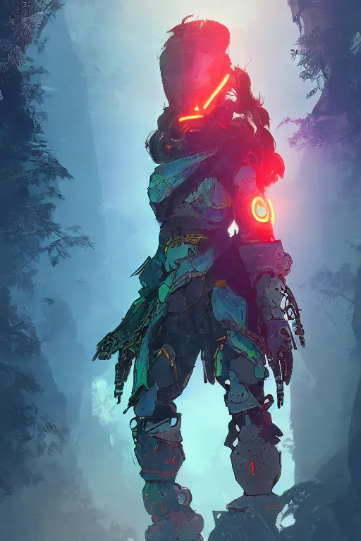 Image similar to combination suit armor aloy horizon forbidden west horizon zero dawn radiating a glowing aura global illumination ray tracing hdr fanart arstation by ian pesty and alena aenami artworks in 4 k tribal robot ninja mask helmet backpack