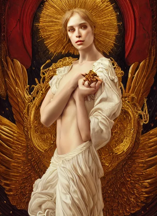 Image similar to highly detailed oil painting | very intricate | cinematic lighting | award - winning | divine sixtine chapel angelic ceremonial fashion by alexander mcqueen | by roberto ferri, by tom bagshaw, by j. c. leyendecker and klimt, american romanticism, by austin osman spare, artstation, cgsociety, official art, octane