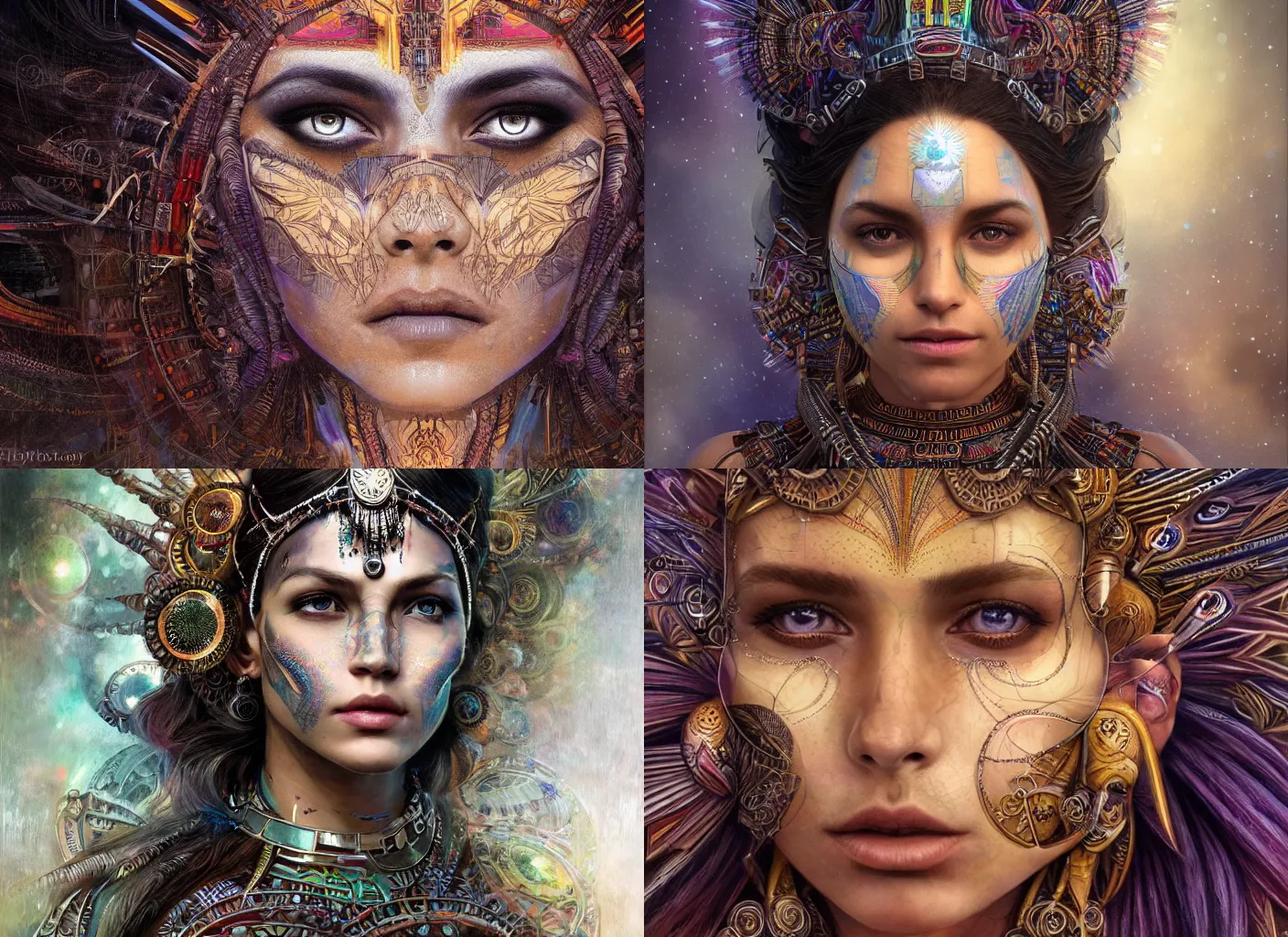 Prompt: realistic character concept, aztec princess with lots of fractals in the face, elegant pose, scifi, illustration, symmetrical face and body, artstation, cinematic lighting, hyperdetailed, 8 k, inspirate by michael shapcott + david walker, insanely detailed and intricate, elegant, dark fractal background, vfx, art deco, postprocessing