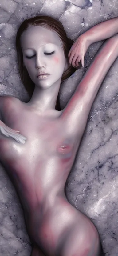 Image similar to 3 d female body silhouette sleeping in marble liquid acrylic fluid, cinestill, bokeh photography, photography by amy leibowitz and volfgandg schneider, bodypainting, painting by morava and goldalh, artstation, epic concept art, beautiful female face matte painting