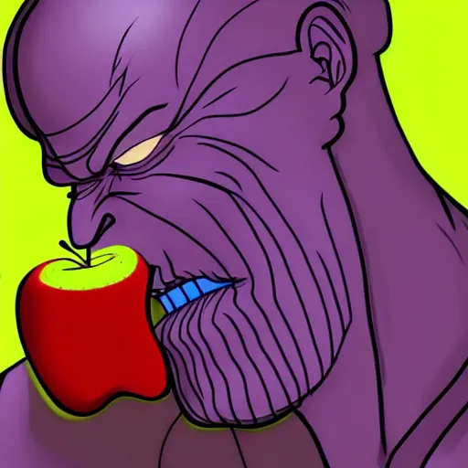 Image similar to caricature of thanos eating apple in galaxy, 8 k, digital art, artstation, detalied, high quality,