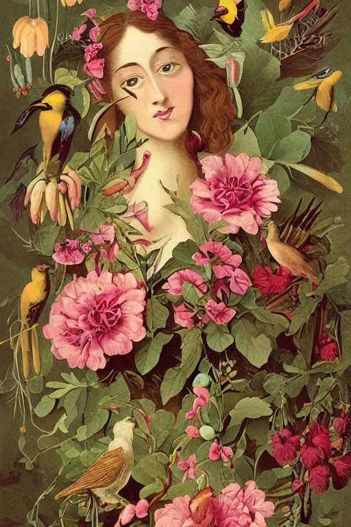 Image similar to beautiful girl Amalgamation with flowers, fruits, birds by Beto Val, John James Audubon, vintage illustration, bizarre compositions, Exquisite detail