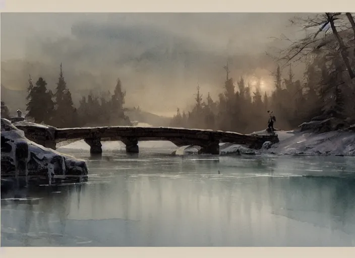 Prompt: watercolor of frozen lake, stone bridge, art by anders zorn, wonderful masterpiece by greg rutkowski, beautiful cinematic light, american romanticism by greg manchess and ghibli studio, creation by tyler edlin