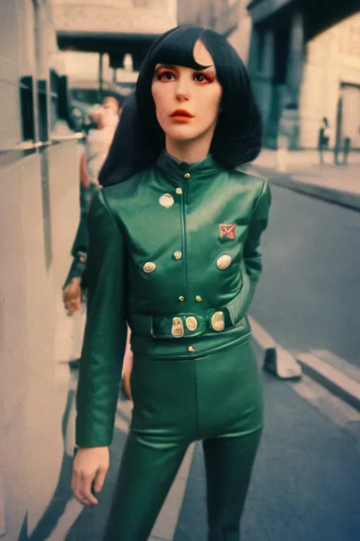 Prompt: ektachrome, 3 5 mm, highly detailed : incredibly realistic, perfect features, soft hair, beautiful three point perspective extreme closeup 3 / 4 portrait photo in style of chiaroscuro style 1 9 7 0 s frontiers in flight suit cosplay paris seinen manga street photography vogue fashion edition