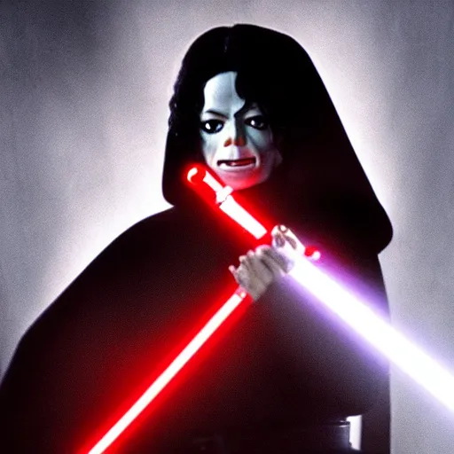 Image similar to “Michael Jackson as a Sith Lord holding a red lightsaber, cinematic lighting, beautiful composition, 8k resolution”