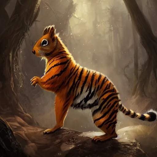 Image similar to Squirrel/tiger, magic the gathering artwork, horror, D&D, fantasy, cinematic lighting, centered, symmetrical, highly detailed, digital painting, artstation, concept art, smooth, sharp focus, illustration, volumetric lighting, epic Composition, 8k, art by Akihiko Yoshida and Greg Rutkowski and Craig Mullins, oil painting, cgsociety