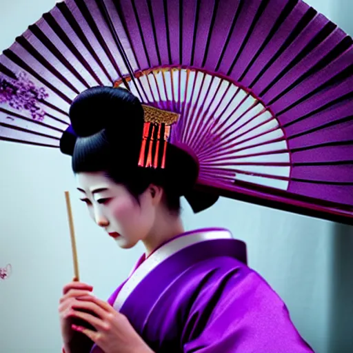 Image similar to Japanese geisha with beautiful violet paper fan, 4k photography, 30 mm lens, cinematic light, warm atmosphere, in style of Kar Wai Wong, fine dust