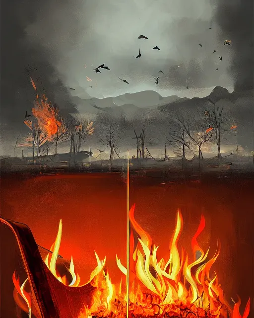 Image similar to in the lower part of the picture is the harp burning in the fire, above are cranes flying in flames, digital painting, concept art