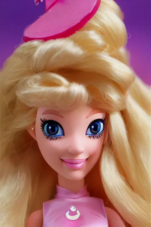 Prompt: princess peach from super mario as barbie doll, photorealistic, highly detailed,