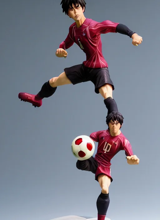 Image similar to captain tsubasa anime figurine, soccer, art by gerald brom, greg rutkowski and artgerm and james jean and zdzisław beksinski, unreal engine, studio lighting