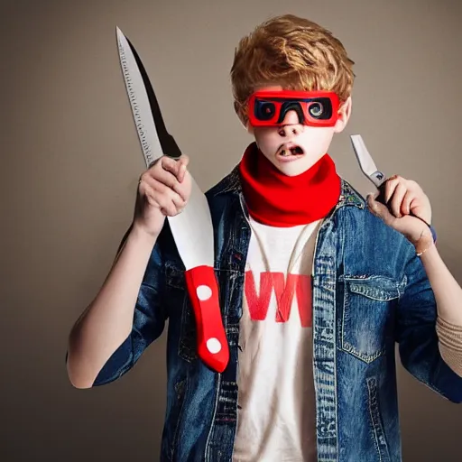 Prompt: a blonde teenager, goggles, red jacket, knife in his mouth, knife in his right hand and a knife in his left hand, photorealistic, hd, high details