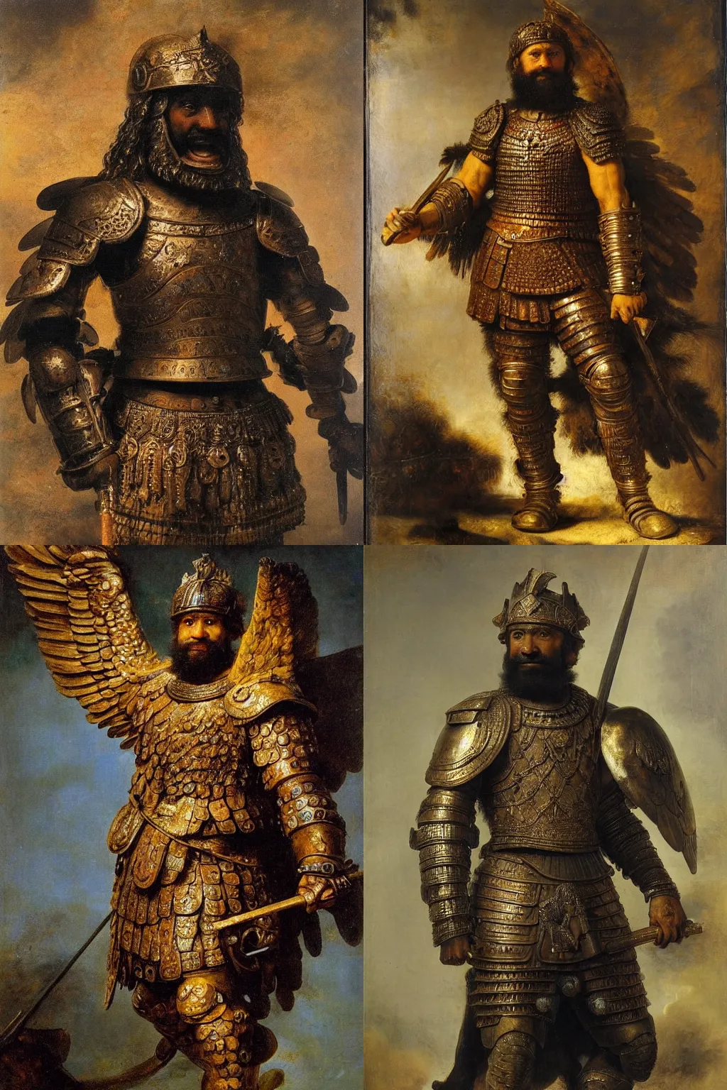 Prompt: friendly spartan, black skin. Oily muscles. long thick black beard. Big smile. Eagle wings. Intricate Bronze armour with large blue gemstones. Masterwork oil painting. By Rembrandt.