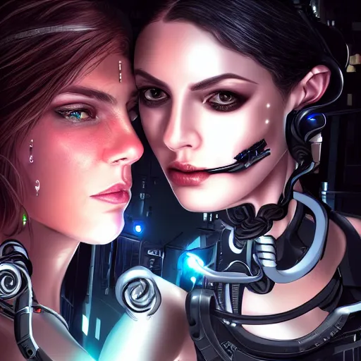 Prompt: A portrait of a cyborg goddess intertwined with a woman, dark and mysterious, lively atmospheric, cinematic, 8k, 4k, ultra detail, ultra-realistic, rendered by DeviantArt