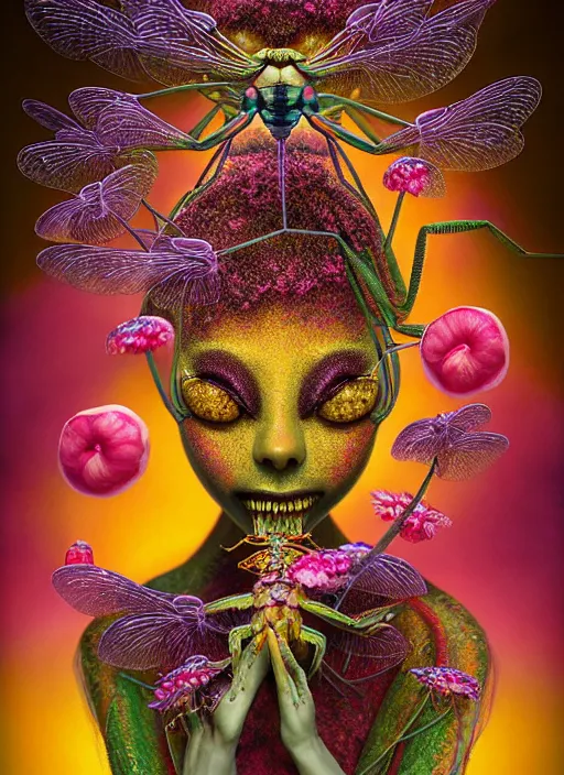 Image similar to hyper detailed 3d render like a Oil painting - kawaii half visceral portrait Aurora (sultry gold haired Singer Praying Mantis Dragonfly) seen Eating of the Strangling network of yellowcake aerochrome and milky Fruit and Her gilded compound eyes delicate Hands hold of gossamer polyp blossoms bring iridescent fungal flowers whose spores black the foolish stars by Jacek Yerka, Mariusz Lewandowski, Houdini algorithmic generative render, Abstract brush strokes, Masterpiece, Edward Hopper and James Gilleard, Zdzislaw Beksinski, Mark Ryden, Wolfgang Lettl, hints of Yayoi Kasuma, octane render, 8k
