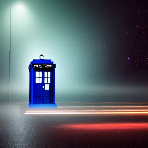 Image similar to a hyperdetailed photograph of the tardis sat on a futuristic street corner, night, dense fog, rain, hd, 8 k resolution