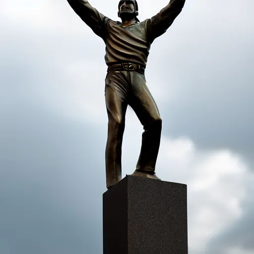 Image similar to Bronze sculpture of Freddie Mercury on the sky. Minimalism, high definition, 8k, High detail, perfect composition. Volumetric Lighting.