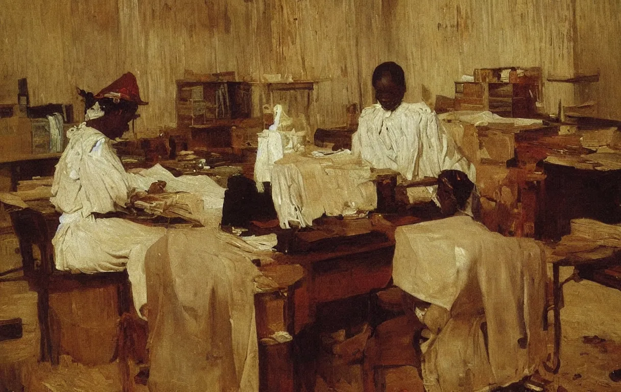 Prompt: colonial clerk working in office in lagos, 1905, highly detailed oil on canvas, by Ilya Repin