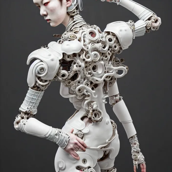 Prompt: porcelain cyborg, Japanese Kakiemon porcelain exoskeleton 16th century, diffuse lighting, fantasy, intricate, elegant, highly detailed, lifelike, photorealistic, digital painting, artstation, illustration, concept art, smooth, sharp focus, art by John Collier and Albert Aublet and Krenz Cushart and Artem Demura and Alphonse Mucha