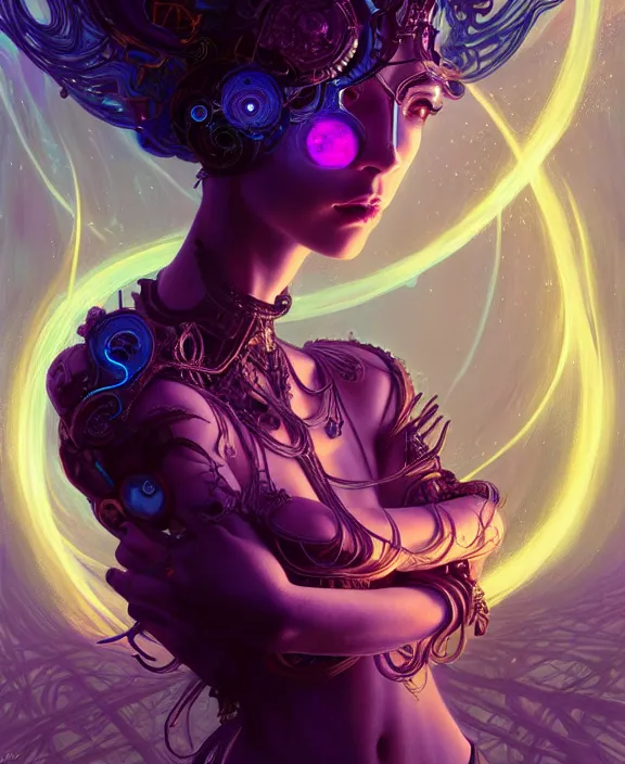 Image similar to whirlwind souls inside metaverse, half body, glowin eyes, tiara, pharaoh, forest, mushrooms, antiques, cyberpunk face, by loish, d & d, fantasy, intricate, elegant, highly detailed, colorful, vivid color, digital painting, artstation, concept art, art by artgerm and greg rutkowski and alphonse mucha and ruan jia