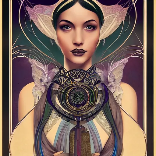 Image similar to an art nouveau, ( art deco ), multi - racial portrait in the style of anna dittmann and charlie bowater and chanthara. very large, clear, expressive, and intelligent eyes. centered, ultrasharp focus, dramatic lighting, photorealistic digital matte painting, intricate symmetrical ultra detailed background.