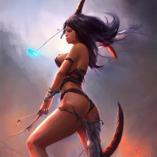 Image similar to nidalee from league of legends, epic scene, paint by Raymond Swanland