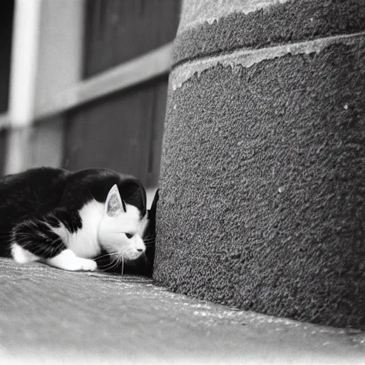 Prompt: A cat wearing a spiked helmet, Prussia, black and white, film grain, f 1.8