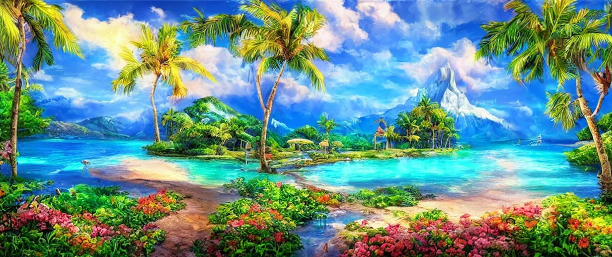 Image similar to beautiful Paradise, sunny, photorealistic, masterpiece, award winning landscape photo, hyperdetailed