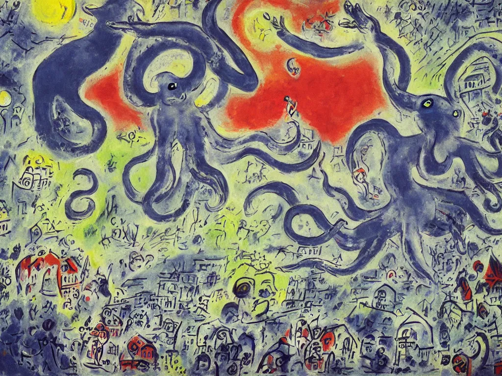 Image similar to giant octopus attacking London, painting by chagall, 4k