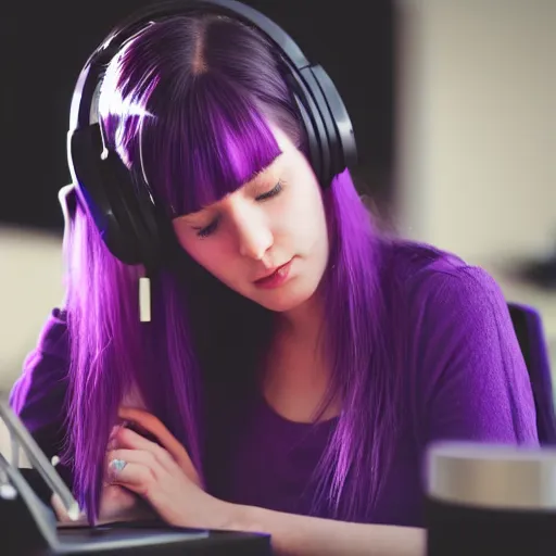 Image similar to beautiful purple - haired female sleeping at desk on computer, wearing headphones, by beeple in hyper realistic action still