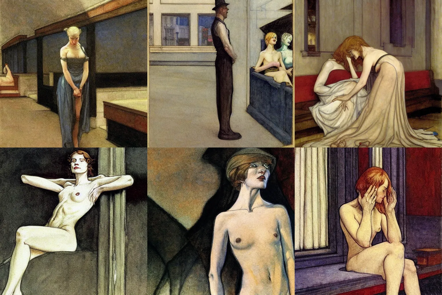 Prompt: honored, praised and despised. painting by edward hopper, arthur rackham and milo manara