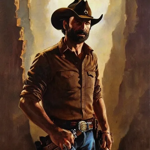 Image similar to ultra realistic portrait painting of rick grimes as a western outlaw, art by frank frazetta, 4 k, ultra realistic, highly detailed, epic lighting